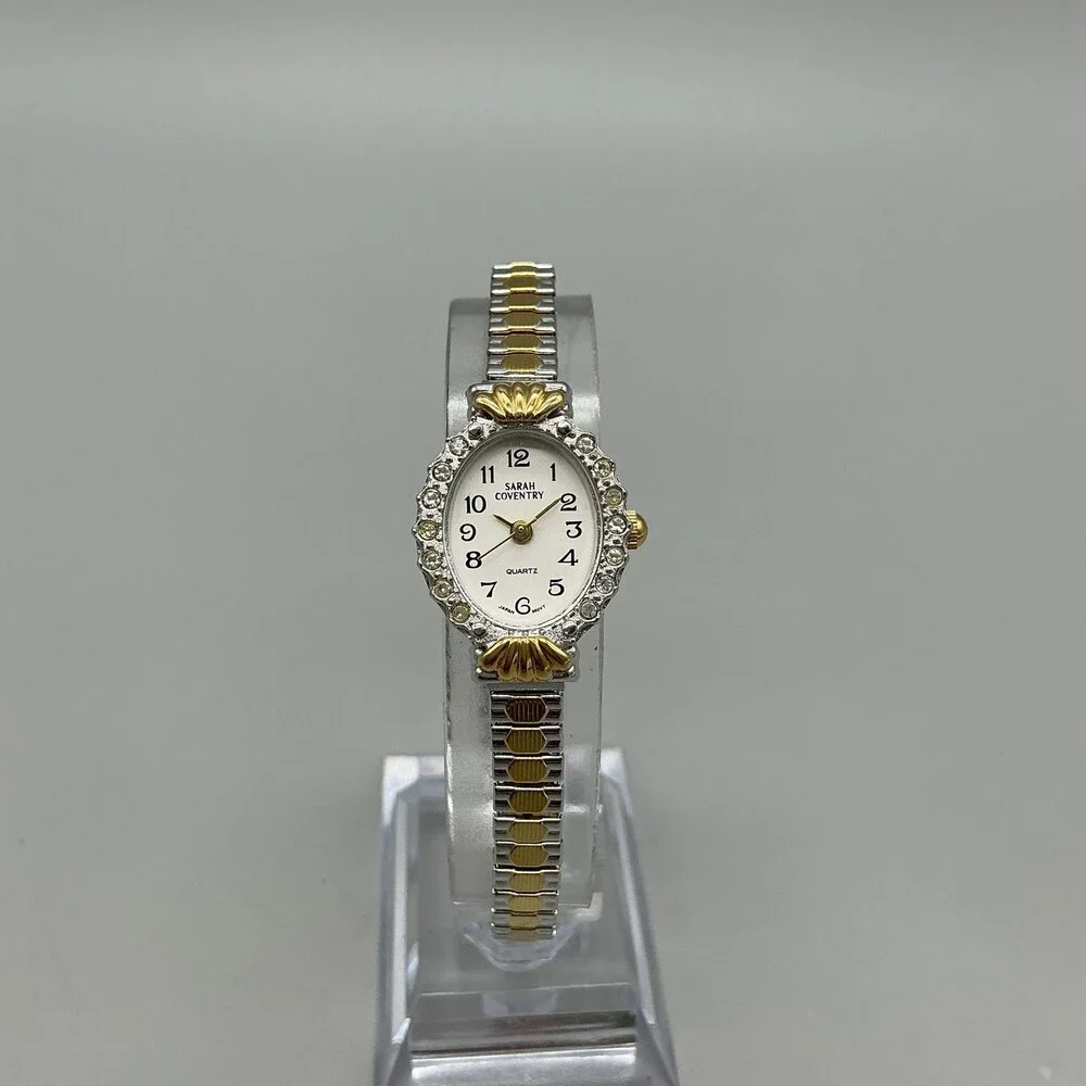 Sarah Coventry Womens Watch 19mm White Oval Dial Gem Bezel Stretch New Battery
